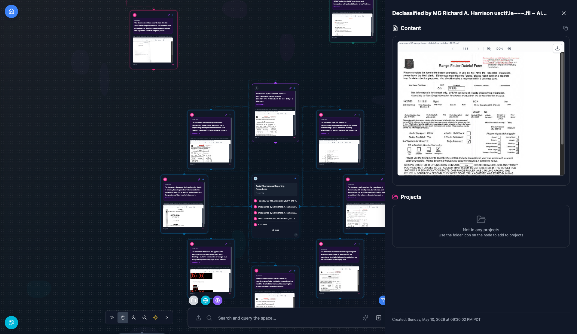 Anatypical classified defense intelligence workspace showing interconnected document cards, sensitive materials organization, and relationship mapping across classified and declassified documents