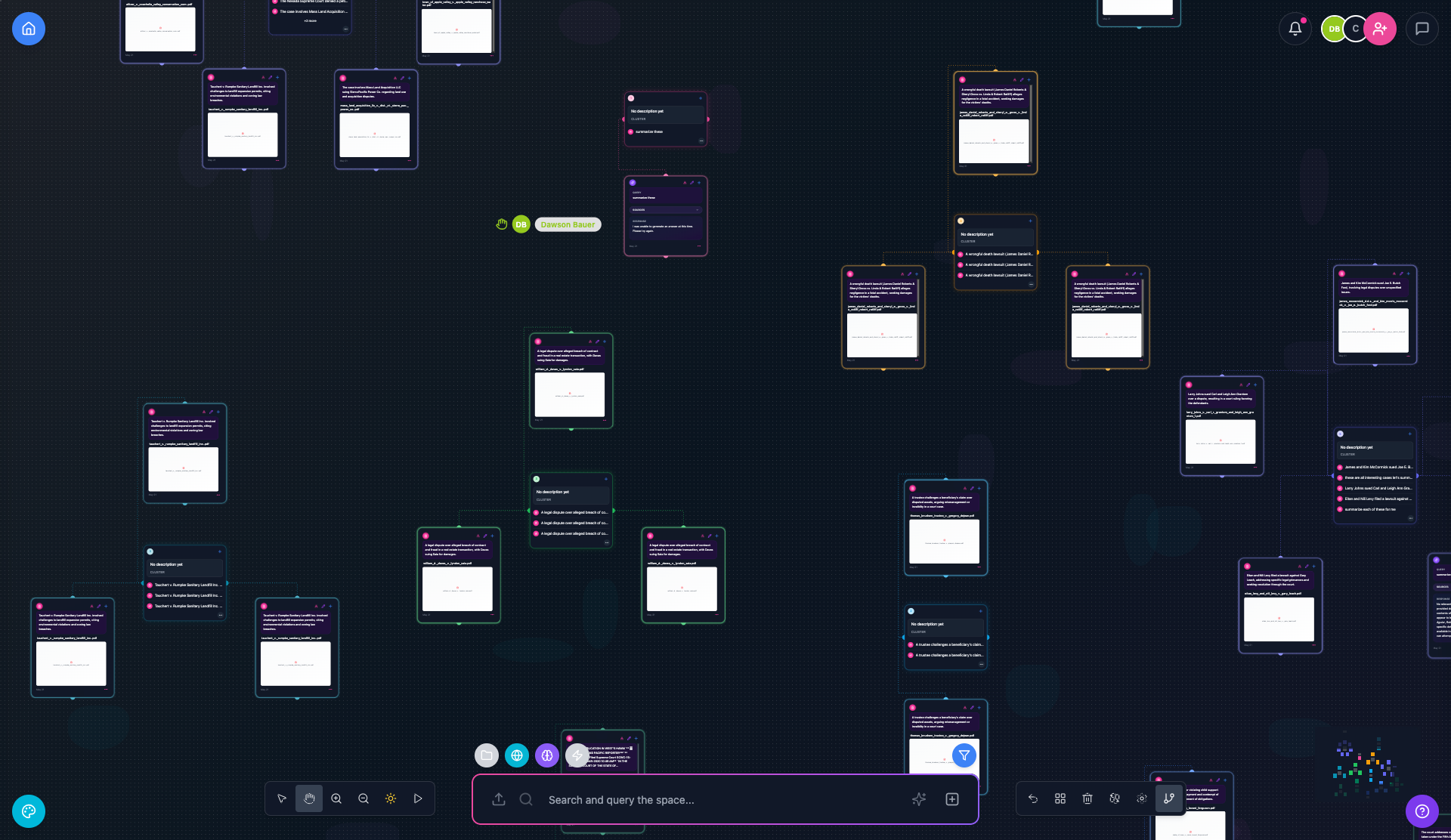 Anatypical knowledge graph workspace with interconnected document cards showing multi-dimensional data connections, entity relationships, and collaborative knowledge organization across research, defense, and enterprise domains